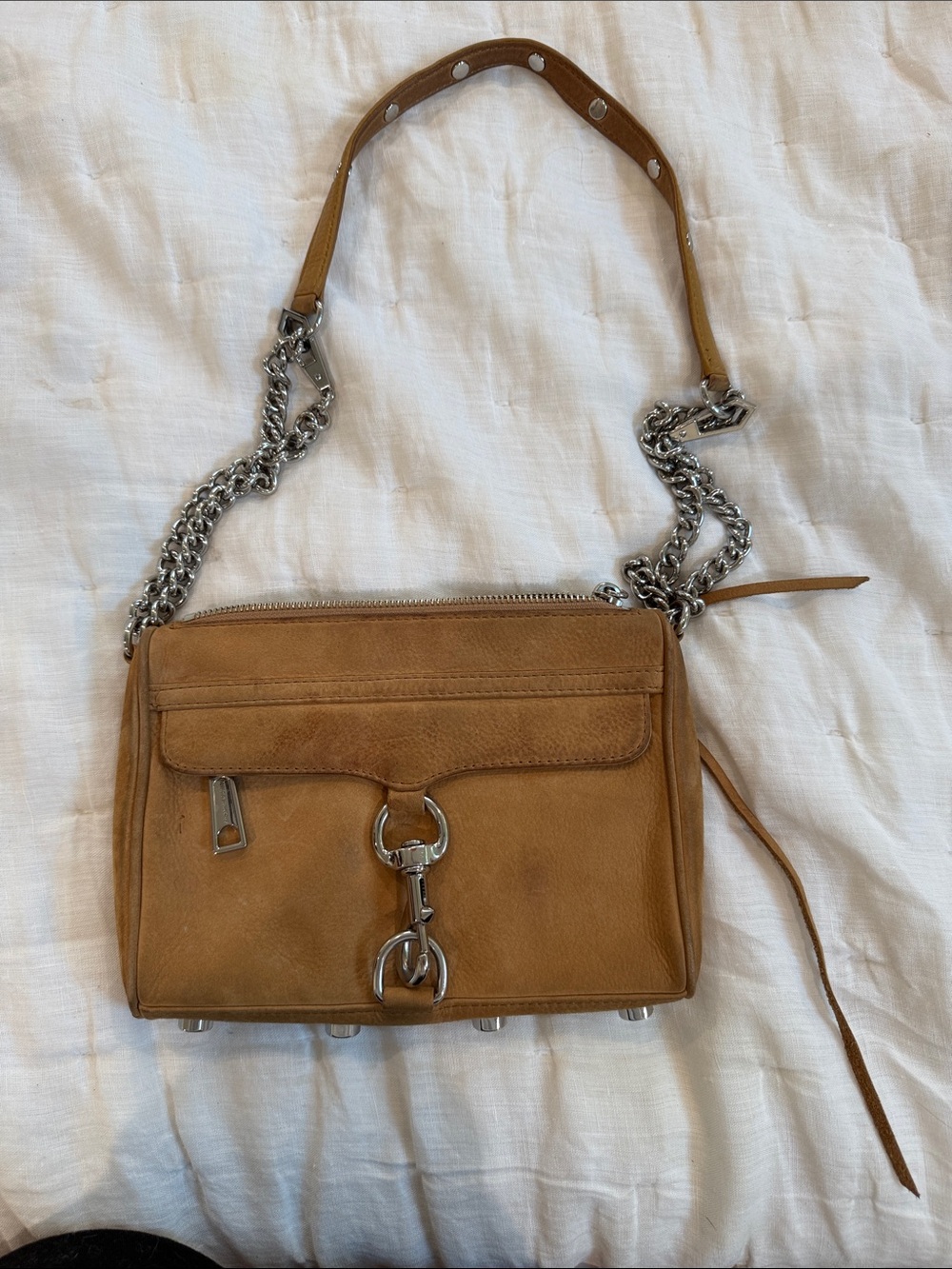 Rebecca Minkoff Suede Crossbody in Camel with Silver Hardware